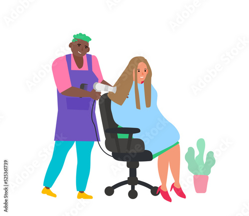 african american man hairsylist using hairdryer sitting woman client vector illustration