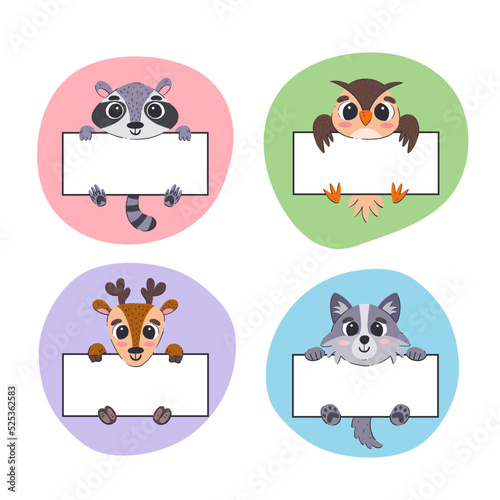 Cute animals holding blank banners. Card templates for kids. Hand-drawn vector illustration. Four animals  Raccoon  Owl  Deer  Wolf. Forest animals.