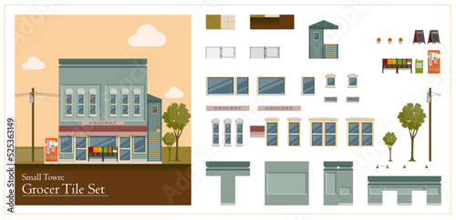 Tile set for designing a small town grocer exterior background photo