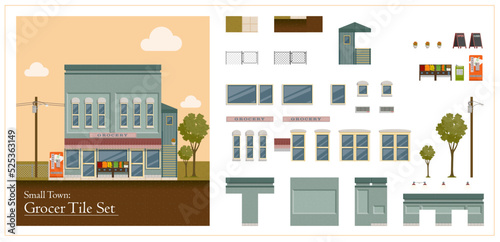 Tile set for designing a small town grocer exterior background