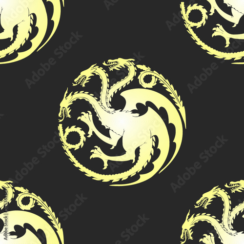 Canvas Print Seamless pattern of golden three-headed dragon