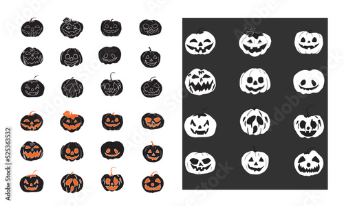 Halloween silhouette pumpkin Jack Lanterns with different faces icons