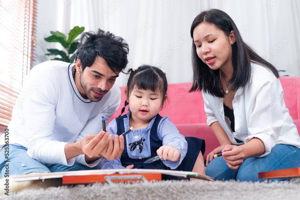 father mother daughter, Happy family with daughters playing at home and weekend for family father mother daughter, Happy family with daughters playing at home and weekend for family