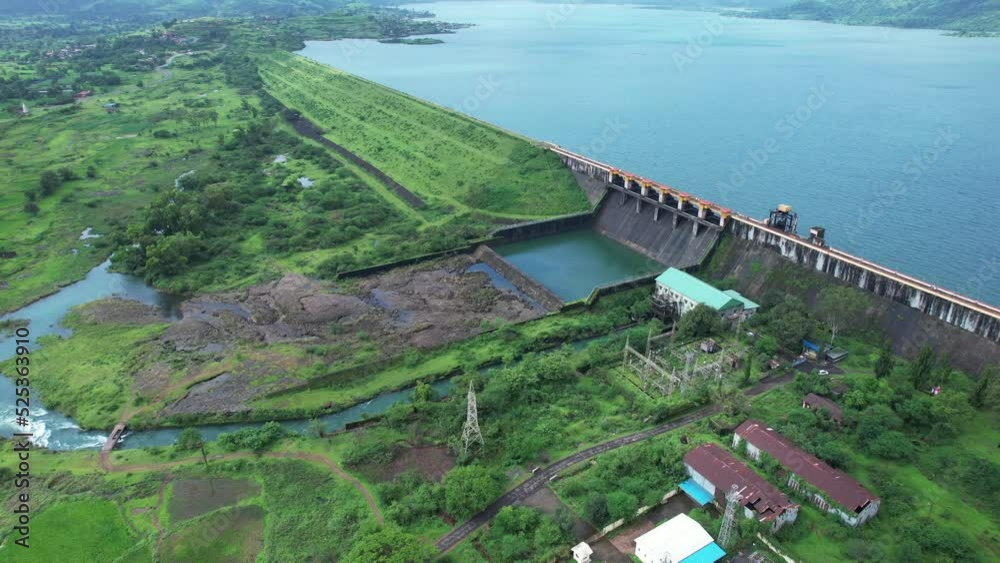 Aerial view of the dam and reservoir during the monsoon season at Pawna near Pune India. Monsoon is the annual rainy season in India from June to September.