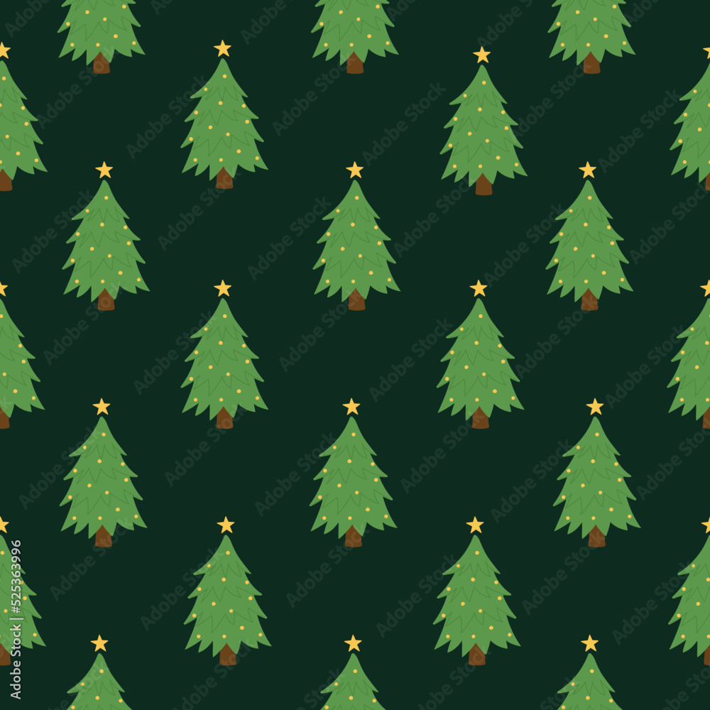 Seamless pattern of Christmas tree on green background. Hand drawn pine tree.