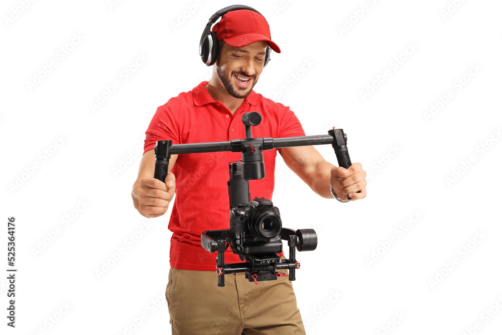 Camera operator recording with a camera and a stabilizer Camera operator recording with a camera and a stabilizer