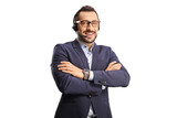 Professional man call operator wearing a headset with hands free microphone