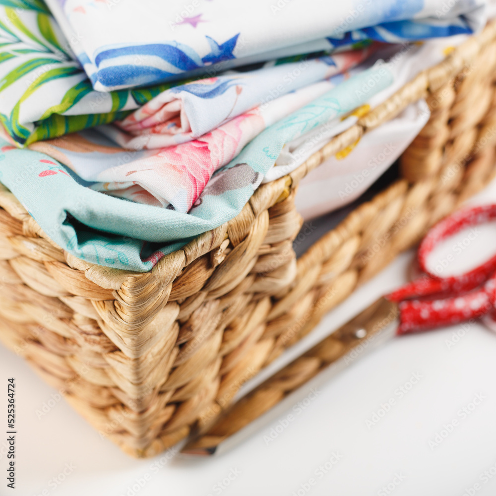 Obraz premium Lots of colorful fabrics. Palettes. Needlework. Atelier and sewing. cotton textile - close up of fabric texture. Cotton Fabric Texture.
