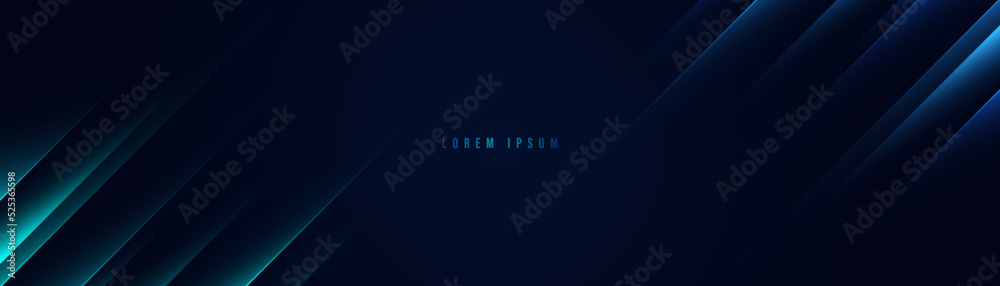 Abstract dark blue horizontal banner background with shiny blue light diagonal lines. Modern dynamic diagonal stripe with glowing neon lines. Futuristic technology concept. Vector illustration - obrazy, fototapety, plakaty 