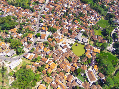 Abstract Defocused Blurred Background Aerial photography a view of mapping a densely populated residential area in the hill valley in the Cikancung area - Indonesia. Not Focus