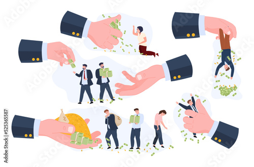 Tiny people in debt huge business male hand giving money banking financial loan set vector