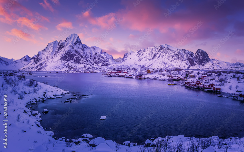 Magical evening in Lofoten. North fjords with mountains landscape. scenic photo of winter mountains and vivid colorful sky. stunning natural background. Picturesque Scenery of Lofoten islands. Norway