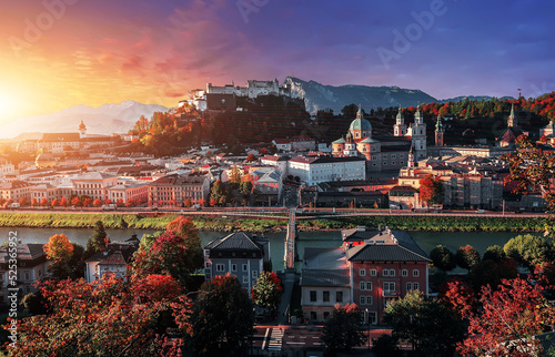 Amazing Salzburg cityscape during sunset. aerial view on Festung Hohensalzburg fortress and old town. Salzburg. Austria photo