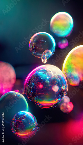 Dreamy neon bubbles, holographic bright soapy bubbles, glossy colorful liquids, 3d illustration