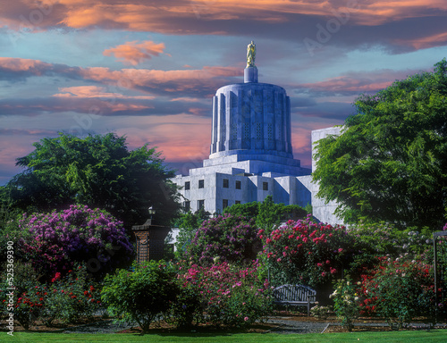 A flowering garden surrounds the Oregon State capitol building, Salem photo