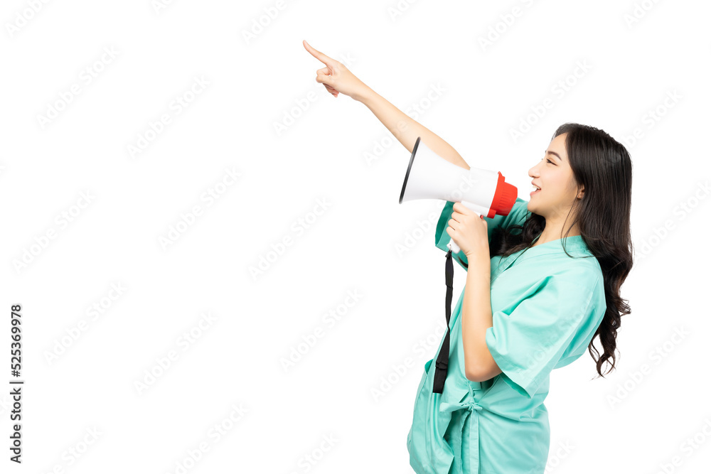 Patient Woman wearing patient gown shouting loud holding a megaphone Sick girl pointing up to copy space and speaking for Compensation Coverage or tell insurance agent or hospital for emergency  