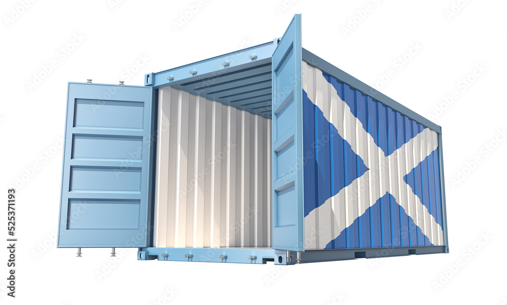 Cargo Container with open doors and Scotland national flag design. 3D Rendering Cargo Container with open doors and Scotland national flag design. 3D Rendering