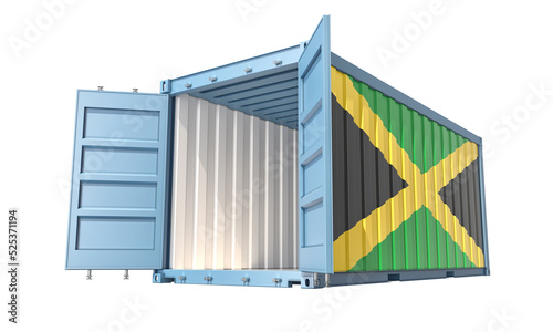 Cargo Container with open doors and Jamaica national flag design. 3D Rendering
