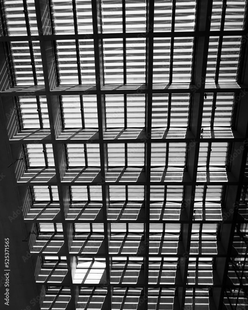 A symmetric grid from below in balck and white A symmetric grid from below in balck and white