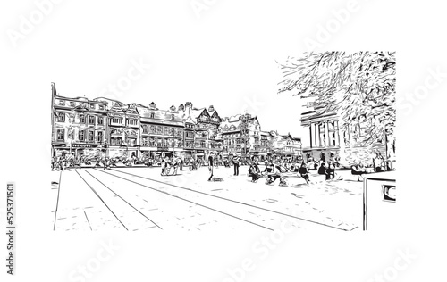 Building view with landmark of Nottingham is a city in central England. Hand drawn sketch illustration in vector.