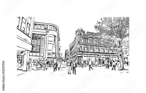Building view with landmark of Nottingham is a city in central England. Hand drawn sketch illustration in vector.