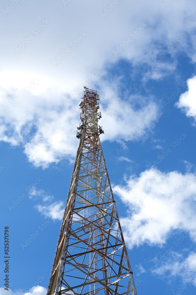 Telecommunications tower of 4G and 5G cellular communications. Antenna communication transmission. The base station of the cell phone signal. Telecommunication equipment of a radio network with radio 