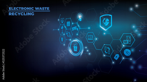 Electronic waste recycling vector illustration. Concept with connected icons related to e-waste, responsible disposal of old electronics, phones and equipment