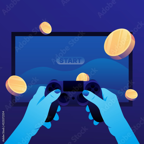 Play to Earn. Joystick, TV and Cryptocurrency Coins Illustration. Vector illustration