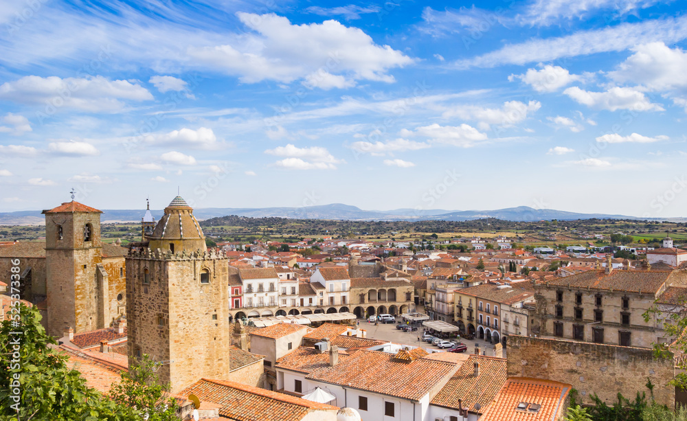 View over the church towers and market square of Trujillo, Spain