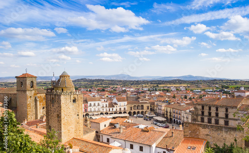 View over the church towers and market square of Trujillo  Spain