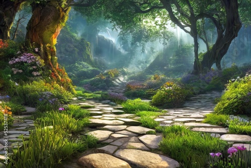 Stone path in a fantasy mystic forest. Soft light, mysterious haze. Fairytale wallpaper. 3D illustration.