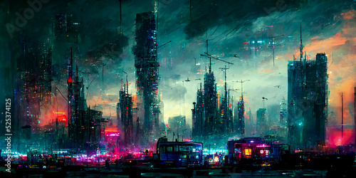 Cyberpunk city skyline with colorful smoke and vibrant tone neon lights and skyscrapers illustration