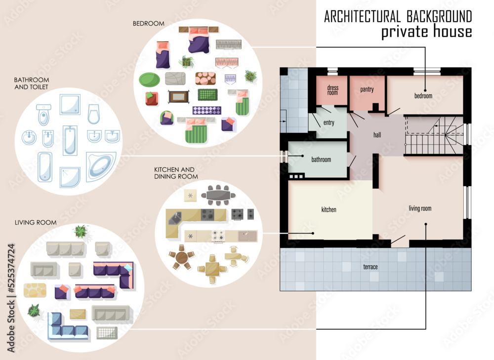 Set of Floor Plan and furniture top view for interior design of private