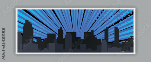 Colorful comic page template with night city silhouette, red inscription and halftone effects on blue radial background in pop art style. Vector illustration