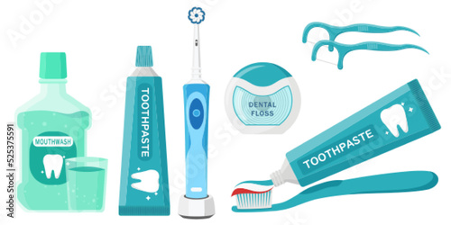 Collection set of oral hygiene cleaning tools toothpaste toothbrush dental floss and mouthwash liquid photo