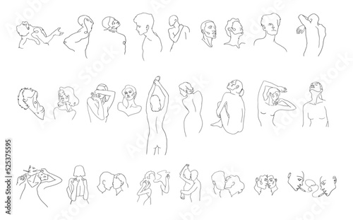 Minimalist linear set of illustrations of women, men, couples. Line art gentle drawings of people for a beauty salon, spa, lingerie store, etc