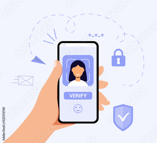 Id face identity Facial recognition technology Biometric identification Face ID system in smartphone app Woman scan faces to verify identity Unlock device Vector illustration concept