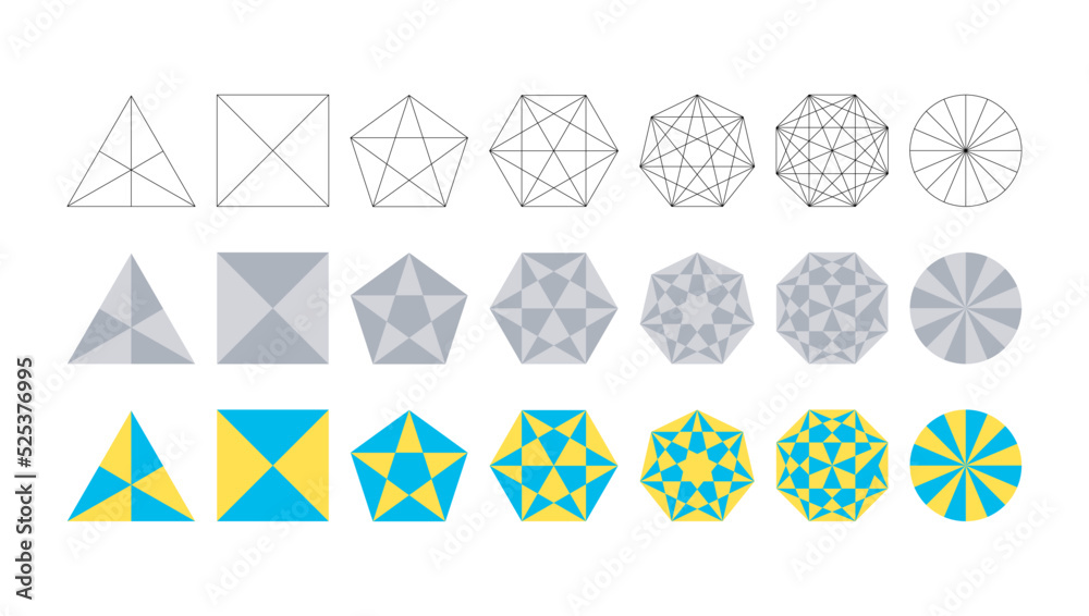 triangle, quadrilateral, pentagon, hexagon, heptagon, octagon, circle