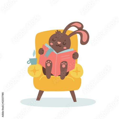 Cute bunny sitting in big cozy armchair and reading book. Relaxing reading concept. Cute rabbit with cup of tea holds a book. Vector flat cartoon illustration