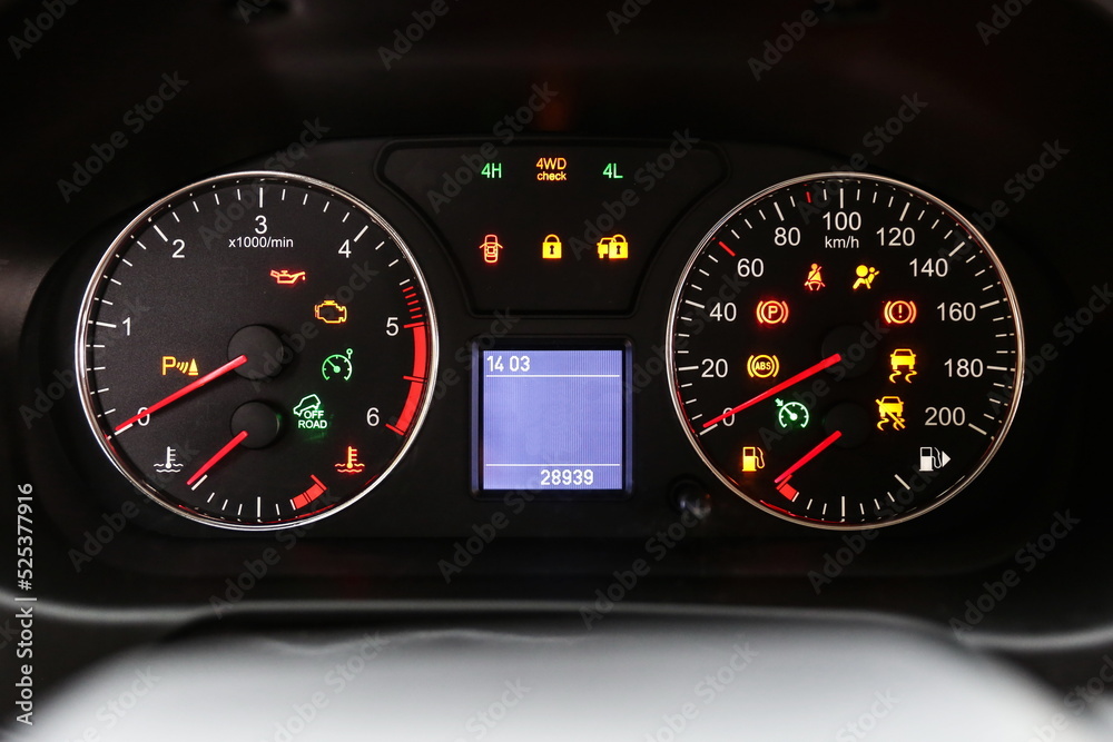 car dashboard with lights symbols  close up