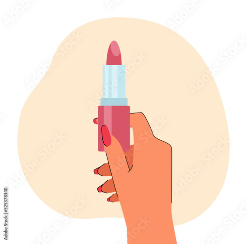 Hand of woman holding pink lipstick. Female hand with lip product for makeup flat vector illustration. Cosmetics, beauty, makeup concept for banner, website design or landing web page