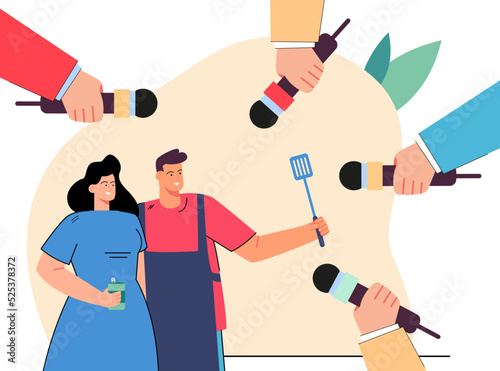 Hand pointing microphones at chef with wife. Journalists asking couple questions about family business flat vector illustration. Journalism, family, cafe concept for banner or landing web page