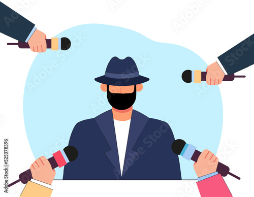 Hands of journalists interviewing anonymous man in hat and mask. Hands with microphones, person hiding identity flat vector illustration. Privacy, security concept for banner or landing web page