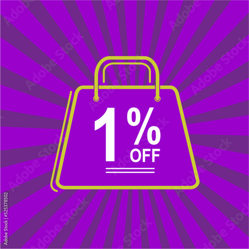 1% off. Purple, white and yellow banner with one percent discount. Shopping bag concept vector.