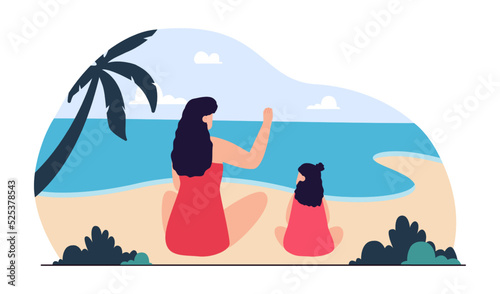 Back view of cartoon mother and daughter sitting on beach. Woman and little girl spending time together near sea or ocean flat vector illustration. Family  traveling  relationship concept for banner
