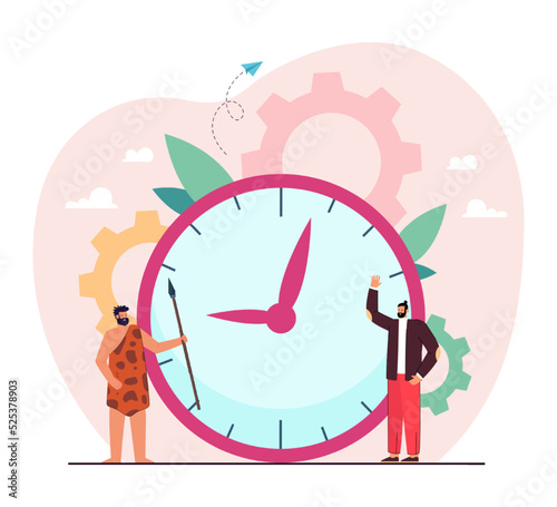 Stone age and modern man standing next to huge clock. Modern person waving at prehistoric character with spear flat vector illustration. Time, progress, evolution concept for banner or landing page
