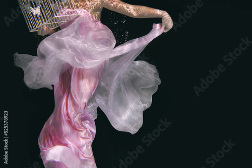 Print op canvas young beautiful woman in long  pink dress with cage in her hands underwater