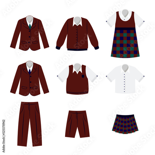 School uniform for boys and girls vector illustrations set. Clothes for male and female students, suit, shirt, blazer, dress, skirt isolated on white background. School, education, fashion concept