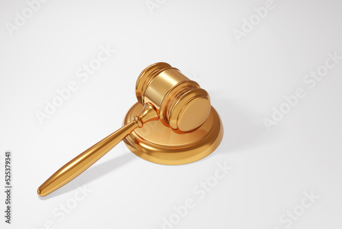 Golden court gavel hammer on white background. Illustration of the concept of legal justice and law legislation