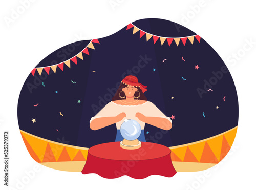 Female fortune teller with magic ball in tent. Gypsy woman making predictions flat vector illustration. Entertainment, magic, fantasy, mystery concept for banner, website design or landing web page